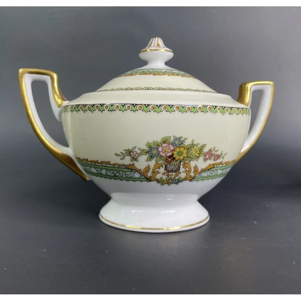 Vintage Style House Fine China‎ Kimberly Creamer & Sugar Bowl Green & Gold